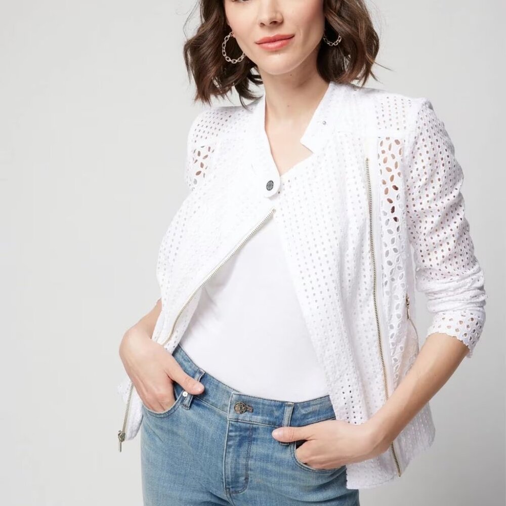 WHBM $175 Eyelet Moto Jacket Cotton White 12 - Picture 3 of 5